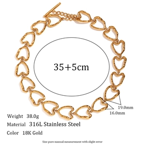 Detail view of 18K gold plated heart link necklace with toggle clasp dimensions