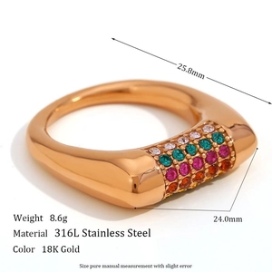 Macro view of 18K gold-plated wide band ring with colorful zircon stones and 316L steel
