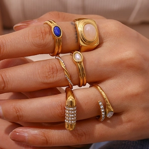 Stackable 18K gold plated stainless steel rings set with natural stones and pearls
