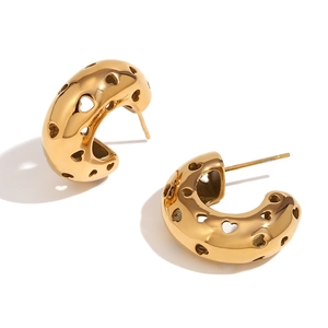 Chunky 18K gold plated stainless steel hoop earrings with hollow heart patterns