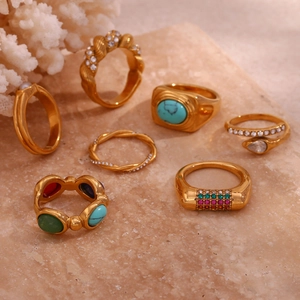 Vintage French Stainless Steel Rings For Women 18K Gold Plated Pave Rhinestone Natural Stone Artificial Pearl Geometric Jewelry