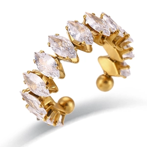 Gold plated C-shaped ear cuff with marquise cut zircon stones and ball end accents