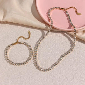 Parure élégante collier et bracelet tennis plaqué or 18 carats avec oxydes de zirconium