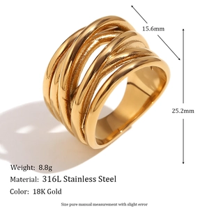 Chic 18K gold plated 316L stainless steel ring with a chunky woven multi-layer design