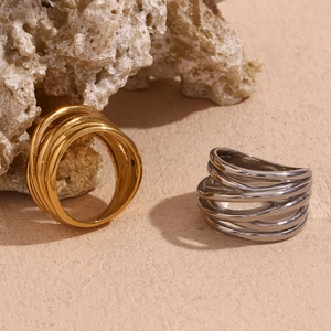 18K Gold Plated Stainless Steel Woven Winding Wide Ring Minimalist Geometric Irregular Cross Wrap Ring For Women Fashion Jewelry