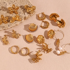Collection of vintage geometric 18K gold plated stainless steel earrings with pearls