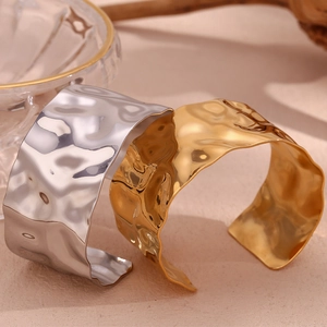 Hammered texture wide open cuff bracelet in gold and silver finish minimalist style