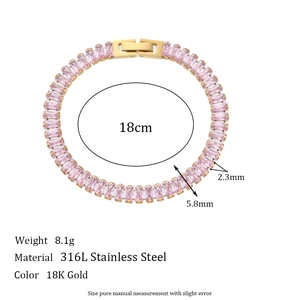 Pink rectangular zircon tennis bracelet in 18K gold plated stainless steel with safety clasp