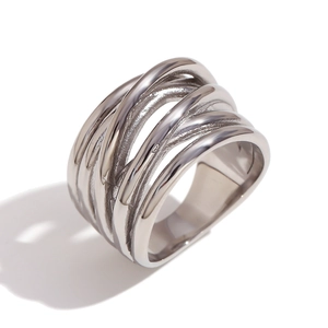 Polished silver stainless steel ring featuring a multi-layered woven and entwined design