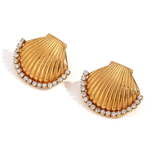 18K gold plated shell-shaped stud earrings with sparkling crystals on white background