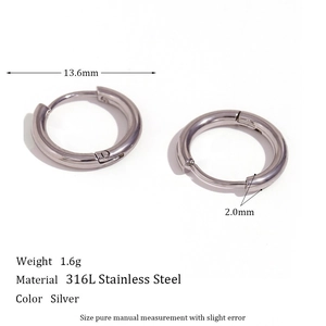 Silver 316L stainless steel hoop earrings with 13.6mm diameter and 2.0mm thickness