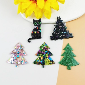 Five-piece acrylic Christmas cat and tree charm set with colorful glitter and sequins
