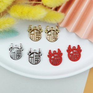 DIY Chinese style antler Fu pendant charms in gold, silver, and red for jewelry making