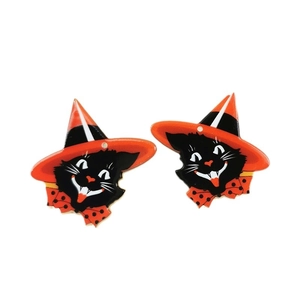 Halloween black cat acrylic charms with orange witch hats for DIY jewelry making