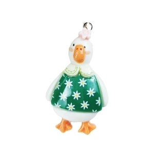 Cartoon-Entenanhänger aus weißem Harz mit grünem Blumenkleid und kleiner rosa Blume für DIY