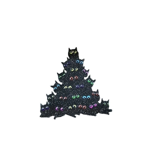 Sparkly black acrylic Christmas tree made of cat silhouettes with colorful bright eyes