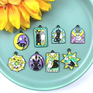Set of 8 tarot cat enamel charms with celestial motifs for DIY jewelry making