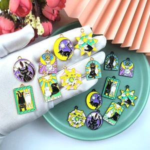 DIY black cat tarot enamel charms in various shapes for jewelry and keychain making