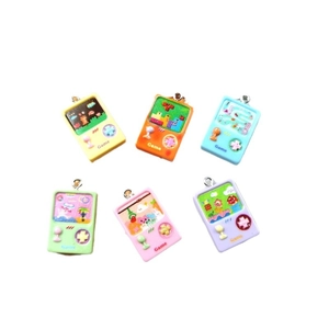 Colorful mini retro handheld game console resin charms in six vibrant pastel colors