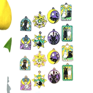 Enamel black cat tarot pendants and celestial sun moon charms for DIY jewelry making