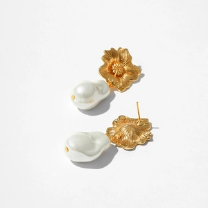 French vintage baroque pearl earrings with 18k gold plated flower stud details