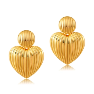 Vintage 18K gold plated brass heart drop earrings with textured rib pattern on white background