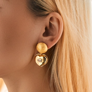 Vintage 18K gold plated heart earrings with zircon and textured round studs on model