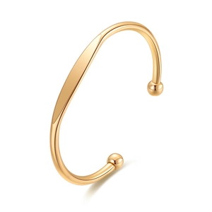 Minimalist polished rose gold open bangle with custom engravable metal bar and ball ends