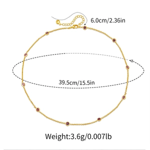 Close-up of 18K gold-plated necklace with purple zircons and measurement details