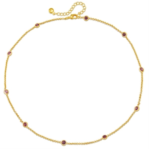 Classic 18K gold plated necklace featuring circular purple zircon accents on O-chain