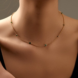 Elegant 18K gold plated necklace with small green zircon stones for a minimalist look