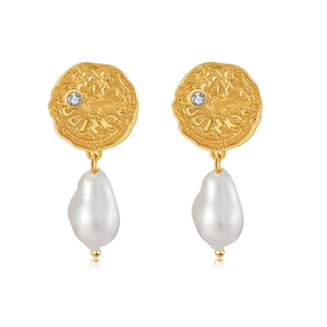 Vintage gold irregular coin earrings with baroque pearl and embossed zircon detail