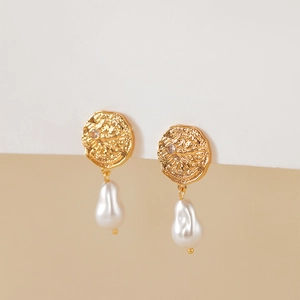 French vintage pearl drop earrings with hammered gold metal discs and baroque pearls