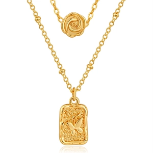 Double-layered 18K gold plated flower necklace with embossed butterfly pendant detail