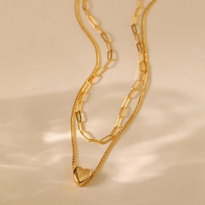 Minimalist double-layered 18K gold-plated heart necklace with trendy paperclip chain links