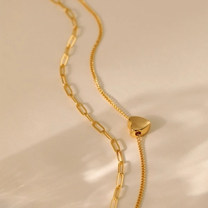 Minimalist 18K gold plated heart pendant necklace with elegant mixed chain design