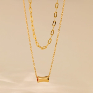 Double layered 18K gold plated necklace with paperclip chain and minimalist pendant