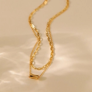 Minimalist double layer 18K gold plated necklace with cylinder pendant and paperclip chain