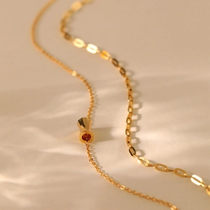 Minimalist 18K gold plated layered necklace with waist pendant and paperclip chain