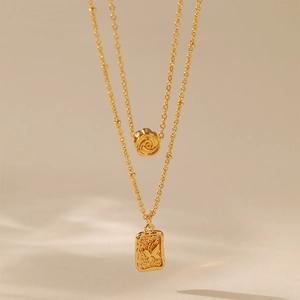 18K gold plated double layer necklace with rose pendant and butterfly embossed plaque