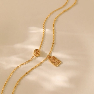 Elegant 18K gold-plated double-layer necklace with 3D rose and butterfly engraved pendant
