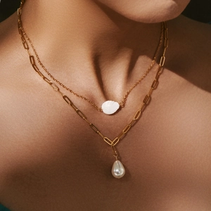 Double-layered 18K gold plated paperclip chain necklace with teardrop pearl and shell charm