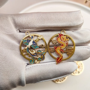 Enameled gold alloy round dragon and phoenix pendants for DIY Chinese style jewelry