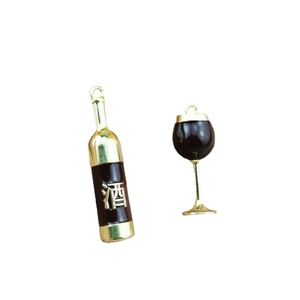 DIY jewelry alloy charms set featuring black enamel wine bottle and glass in gold finish