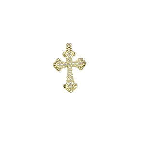 Vintage golden cross pendant with white pearls and ornate radial engravings for DIY jewelry