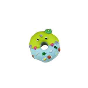 DIY frog-shaped donut pendant in green and blue with colorful sprinkles and a silver metal ring