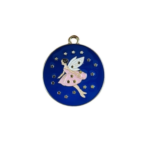 Round fairy charm pendant with white wings and pink dress on dark blue enamel background