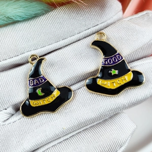 Cartoon witch hat enamel charms with BAD and GOOD WITCH text for DIY jewelry making