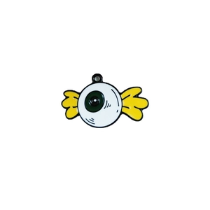 Quirky Halloween eye candy pendant with yellow wings and green iris metal enamel charm