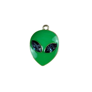 3D green enamel alien head pendant with blue gemstone eyes and gold metal frame